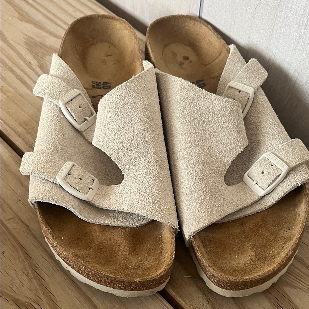 Birkenstock Natural Suede Two-Buckle Cross-Strap Sandals